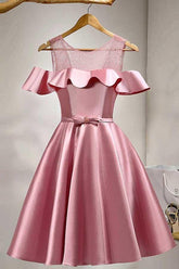 A-Line Knee-Length Cold Shoulder Pink Satin Homecoming Dress With Lace PD121