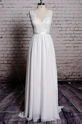A-line Lace V-Neck Backless Sheath Long Wedding Dress WD058