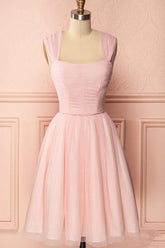 A-Line Pink Tulle Straps Pleats Beading Homecoming Dress Short Prom Dress PD274