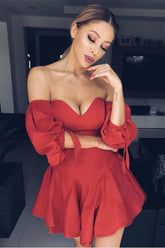 A-Line Red Satin Off the Shoulder Puff Sleeve Homecoming Dress PD253