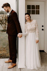 A-Line Round Neck Backless Lace Top Wedding Dress with Long Sleeves WD371
