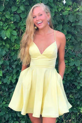 A-line Satin Fit and Flare Yellow Homecoming Dress with Pockets PD333