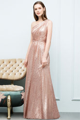 A-line Sleeveless Floor Length One-shoulder Sequins Prom Dresses