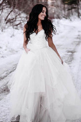 A-Line Spaghetti Straps Asymetrical Wedding Dress with Lace WD236