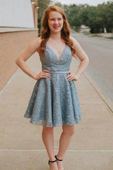 A-Line Spaghetti Straps Backless Above-Knee Blue Lace Homecoming Dress PD273