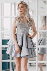 A-Line Spaghetti Straps Grey Satin Homecoming Dress with Appliques PD027