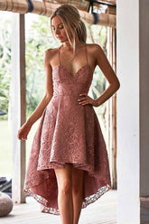 A-Line Spaghetti Straps High Low Blush Lace Homecoming Dress PD002