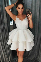 A-Line Spaghetti Straps Tiered Short Satin Homecoming Dress with Lace PD025