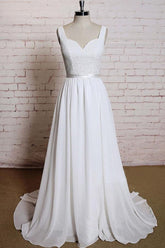 A-line Straps Court Train Chiffon Appliques Backless Wedding Dresses WD172