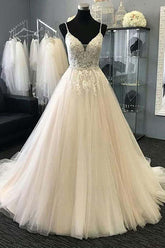 A-Line Straps Ivory Tulle Wedding Dress with Appliques Beading WD228