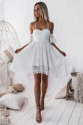 A-Line Straps Off-the-shoulder High Low White Lace Homecoming Dress PD013