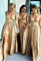 A-Line V-Neck Elastic Satin Bridesmaid Dress with Split BD055