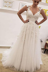 A Line V Neck Ivory Lace Fairy Long Wedding Dresses with Appliques WD382