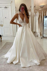 A-Line V-neck Ivory Satin Simple Wedding Dress Backless Bridal Gowns WD470