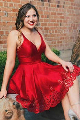 A-Line V-Neck Pleated Short Red Satin Homecoming Dress PD026