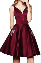 A Line V Neck Satin Burgundy Beaded Homecoming Dresses with Pockets PD262