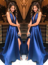 A-Line V-neck Sleeveless With Ruffles Satin Prom Dresses