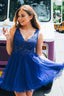 A Line V Neck Tulle Beaded Royal Blue Homecoming Dresses with Appliques PD261