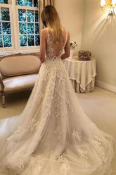 A-line Vintage Rustic Wedding Dresses V Neck Beaded Lace Bridal Gown WD351