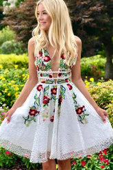 A-line White Short Prom Dress Homecoming Dress with Floral PD248
