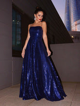 A-Line/Elegant Sequins Spaghetti Straps Ruffles Sleeveless Floor-Length Prom Dresses