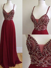 A-Line Elegant Sleeveless Spaghetti Straps Chiffon Floor-Length Beading Prom Dresses