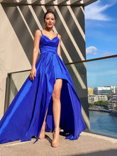 A-Line/Elegant V-neck Taffeta Ruffles Sleeveless Asymmetrical Prom Dresses