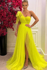 Stunning One Shoulder Tulle Long A-Line Prom Dresses with Slit