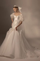 Elegant Mermaid Square Neck Organza Puff Sleeve Satin Wedding Dress with Crystal Trim & Lace-Up Back Q6019