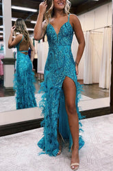 Sonia | Jade Pailletten Spitze V-Ausschnitt Meerjungfrau Ballkleid mit Schlitz
