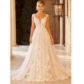 Elegant Wedding Dress For Women V-Neck Cap Sleeve Lace Appliques Vestido De Noiva With Button Sweep Train Custom Made