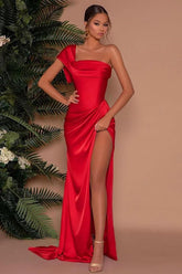 Red One-Shoulder Strapless Mermaid Prom Dress with Front Slit