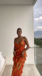 Women Sexy Ruffle Hem Long Prom Dress Irregular Bodycon Evening Dress Y1878