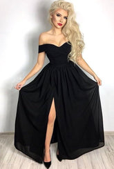 Split Front Sleek Midnight Black Off-the-Shoulder Prom Dress with Ruffle
