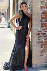 Adira | Black One Shoulder Mermaid Sequins Prom Dress With Feather