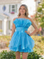 Blue A-Line Strapless Pleated Short Tiered Homecoming Dress