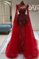 Increíble vestido de fiesta rojo de manga larga con escote en forma de corazón, de tul y encaje, con cola