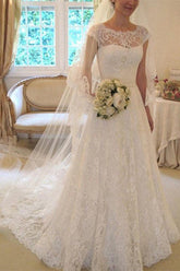 Applique Short Sleeves Square Lace Ribbon Wedding Dress