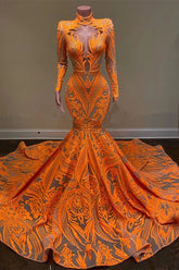 Vestido de fiesta naranja de sirena con cuello alto y mangas largas con lentejuelas y encaje