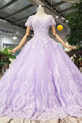Ball Gown Lilac Short Sleeves Prom Dresses Wedding Dresses with Lace PM244