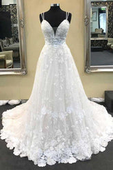 Ball Gown V Neck Spaghetti Straps Ivory Lace Long Wedding Dresses WD331