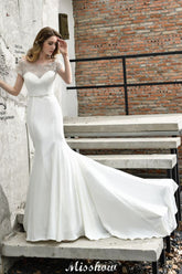Bateau Short Sleeve Slim Mermaid Wedding Gown Satin Bridal Gown Sweep/Trump Train