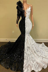 Long Sleeves Black and White Mermaid Lace Prom Dress