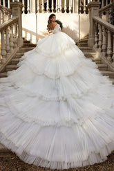 Beautiful Long Ball Gown Ruched Portrait Cathedral Wedding Dresses With Beading
