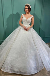 Beautiful Long White A-line V-neck Lace Sleeveless Wedding Dress