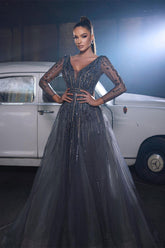 Hermoso vestido de fiesta con lentejuelas, escote en V, corte A, sin mangas y mangas largas