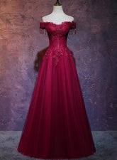 Beautiful Wine Red Tulle Sweetheart Long Prom Dress A-line Party Dress