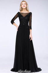 Black 3/4 Sleeves Beads A-Line Appliques Bridesmaid Dresses Tulle Party Dress