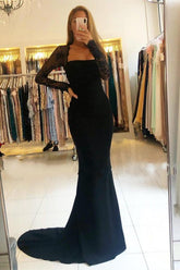 Vestido de fiesta negro largo de sirena con escote cuadrado, espalda descubierta y mangas