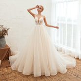 Boho Spaghetti Straps Ivory Ball Gown Tulle Aline Wedding Dress